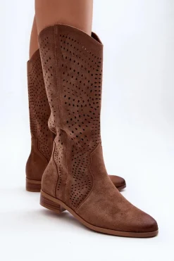 Ażurowe Kozaki Do Połowy Łydki Brązowe Kleorelia