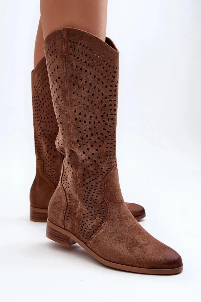 Ażurowe Kozaki Do Połowy Łydki Brązowe Kleorelia