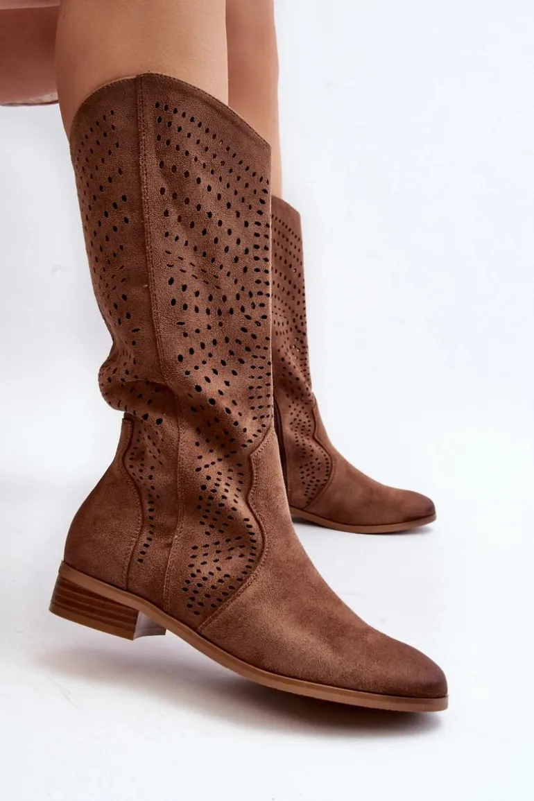 Ażurowe Kozaki Do Połowy Łydki Brązowe Kleorelia