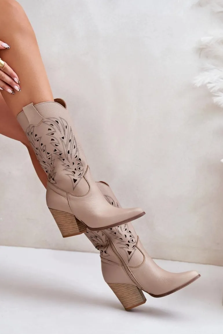 Ażurowe Kozaki Do Połowy Łydki Na Słupku Skórzane Lewski 3609 Beżowe
