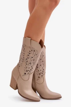 Ażurowe Kozaki Do Połowy Łydki Na Słupku Skórzane Lewski 3609 Beżowe