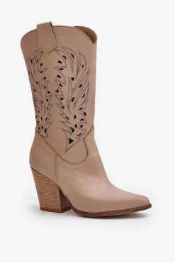 Ażurowe Kozaki Do Połowy Łydki Na Słupku Skórzane Lewski 3609 Beżowe