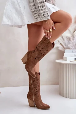 Ażurowe Kozaki Do Połowy Łydki Na Słupku Zamszowe Lewski 3609 Brązowe