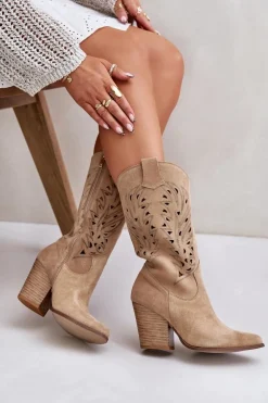 Ażurowe Kozaki Do Połowy Łydki Na Słupku Zamszowe Lewski 3609 Beżowe