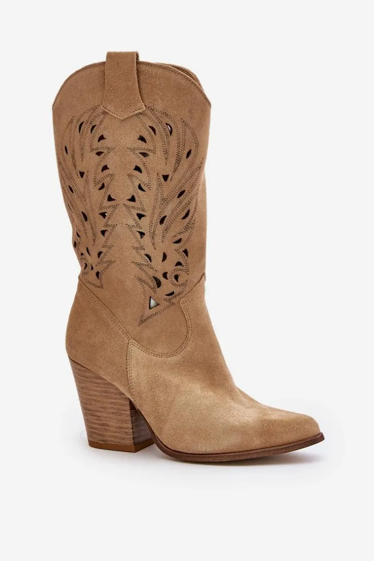 Ażurowe Kozaki Do Połowy Łydki Na Słupku Zamszowe Lewski 3609 Beżowe