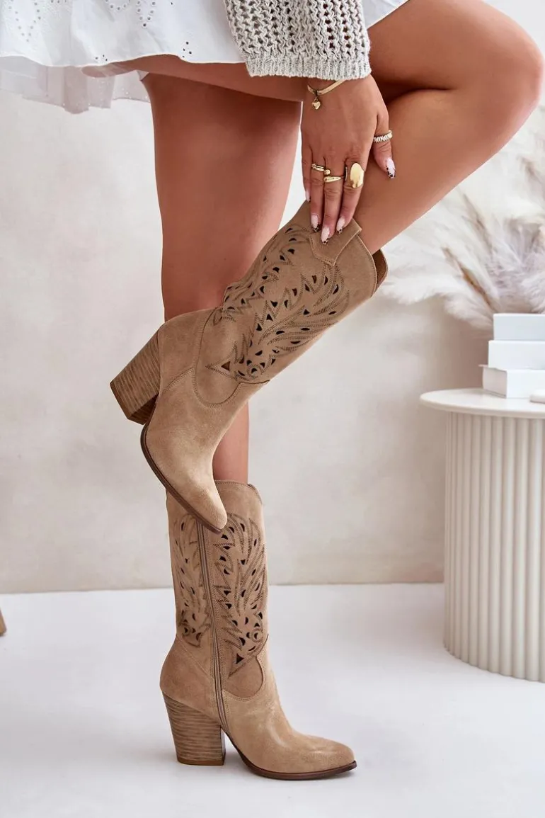 Ażurowe Kozaki Do Połowy Łydki Na Słupku Zamszowe Lewski 3609 Beżowe