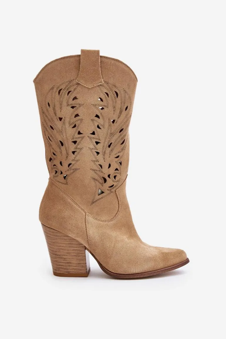 Ażurowe Kozaki Do Połowy Łydki Na Słupku Zamszowe Lewski 3609 Beżowe