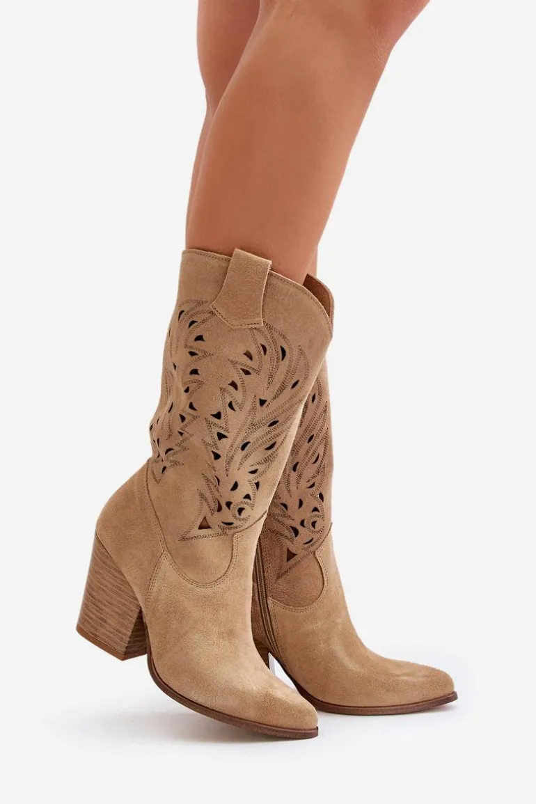 Ażurowe Kozaki Do Połowy Łydki Na Słupku Zamszowe Lewski 3609 Beżowe