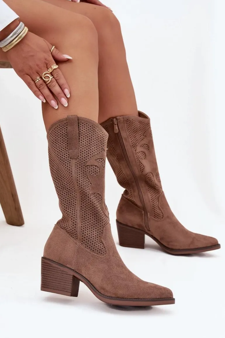 Ażurowe Kozaki Kowbojki Damskie Na Obcasie Ciemnobeżowe Olivette