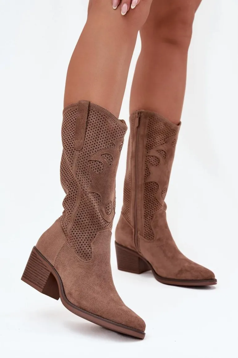 Ażurowe Kozaki Kowbojki Damskie Na Obcasie Ciemnobeżowe Olivette