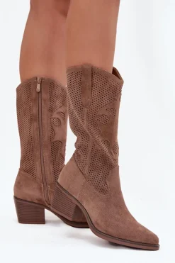 Ażurowe Kozaki Kowbojki Damskie Na Obcasie Ciemnobeżowe Olivette