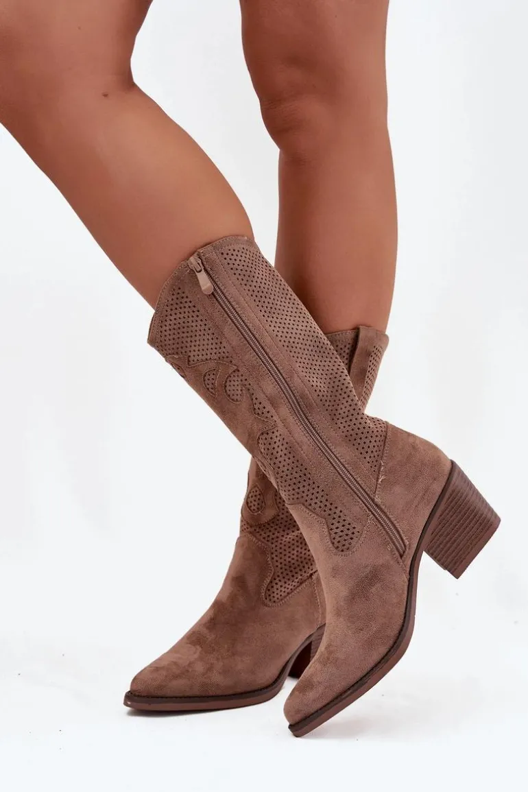Ażurowe Kozaki Kowbojki Damskie Na Obcasie Ciemnobeżowe Olivette