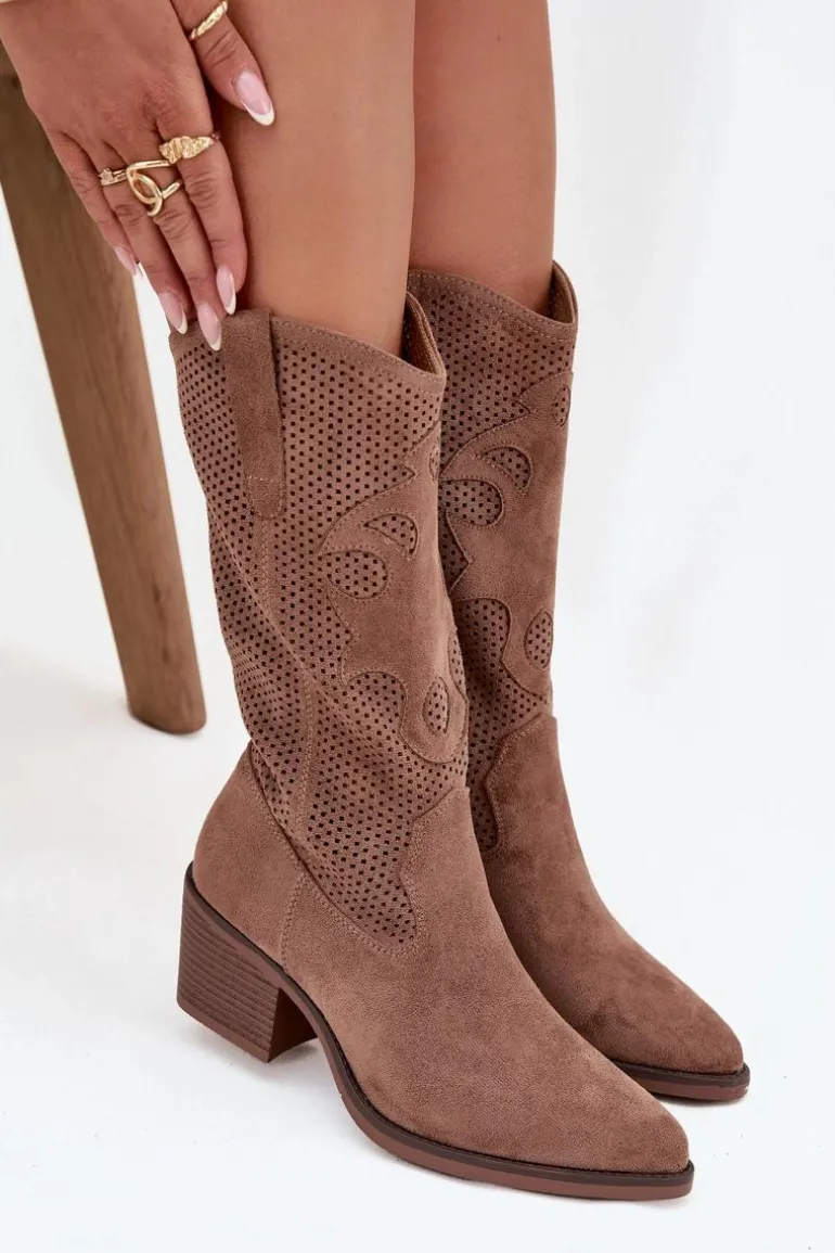 Ażurowe Kozaki Kowbojki Damskie Na Obcasie Ciemnobeżowe Olivette