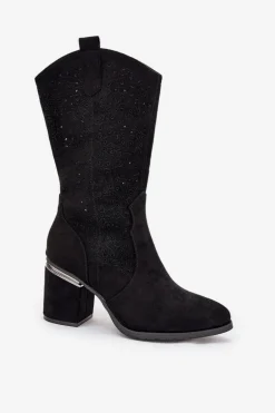 Ażurowe Kozaki Kowbojki Do Połowy Łydki S.Barski HY51-238 Czarne