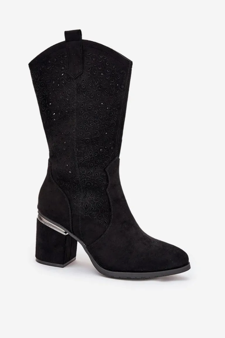 Ażurowe Kozaki Kowbojki Do Połowy Łydki S.Barski HY51-238 Czarne