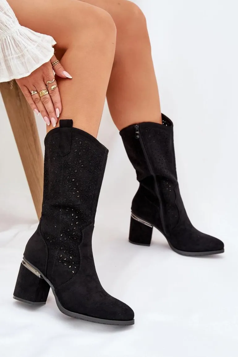 Ażurowe Kozaki Kowbojki Do Połowy Łydki S.Barski HY51-238 Czarne