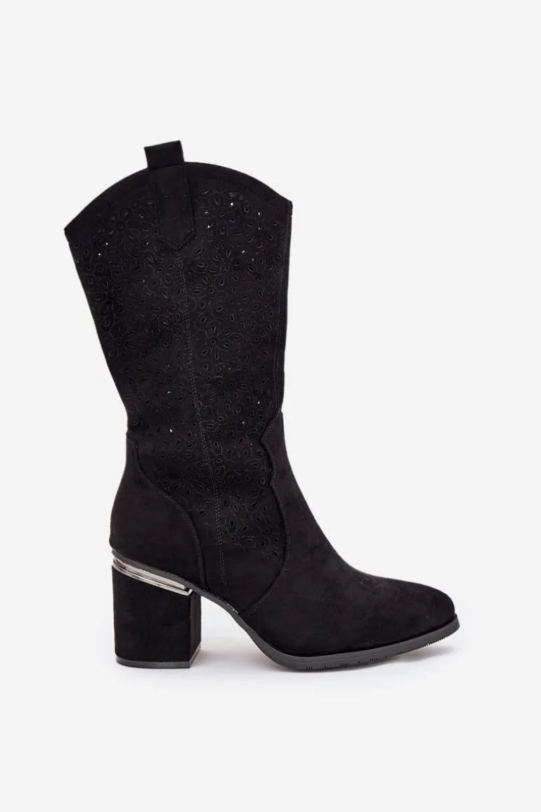 Ażurowe Kozaki Kowbojki Do Połowy Łydki S.Barski HY51-238 Czarne