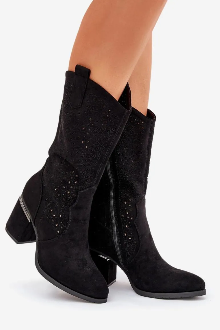 Ażurowe Kozaki Kowbojki Do Połowy Łydki S.Barski HY51-238 Czarne