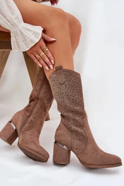 Ażurowe Kozaki Kowbojki Do Połowy Łydki S.Barski HY51-238 Brązowe