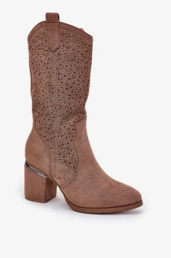 Ażurowe Kozaki Kowbojki Do Połowy Łydki S.Barski HY51-238 Brązowe