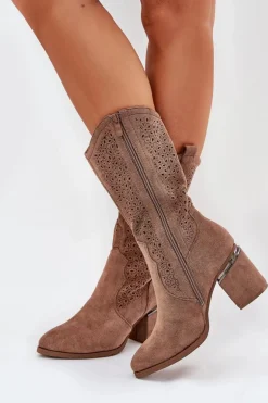 Ażurowe Kozaki Kowbojki Do Połowy Łydki S.Barski HY51-238 Brązowe