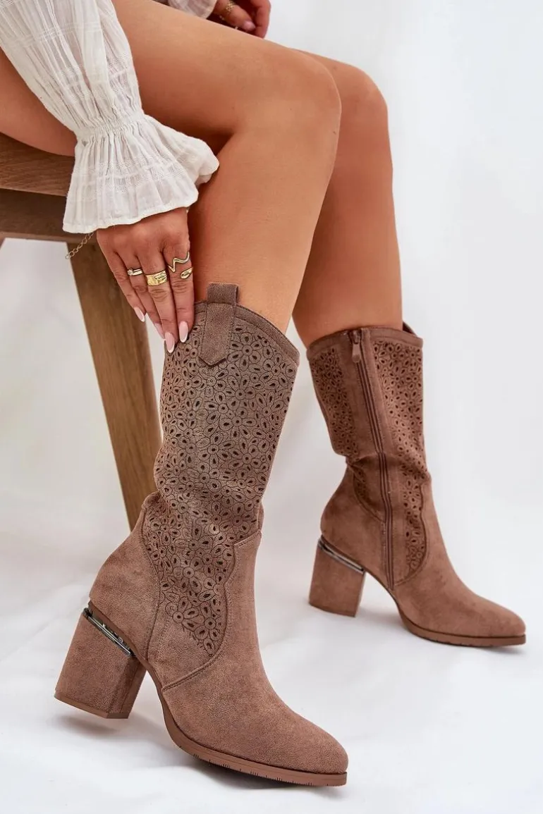 Ażurowe Kozaki Kowbojki Do Połowy Łydki S.Barski HY51-238 Brązowe