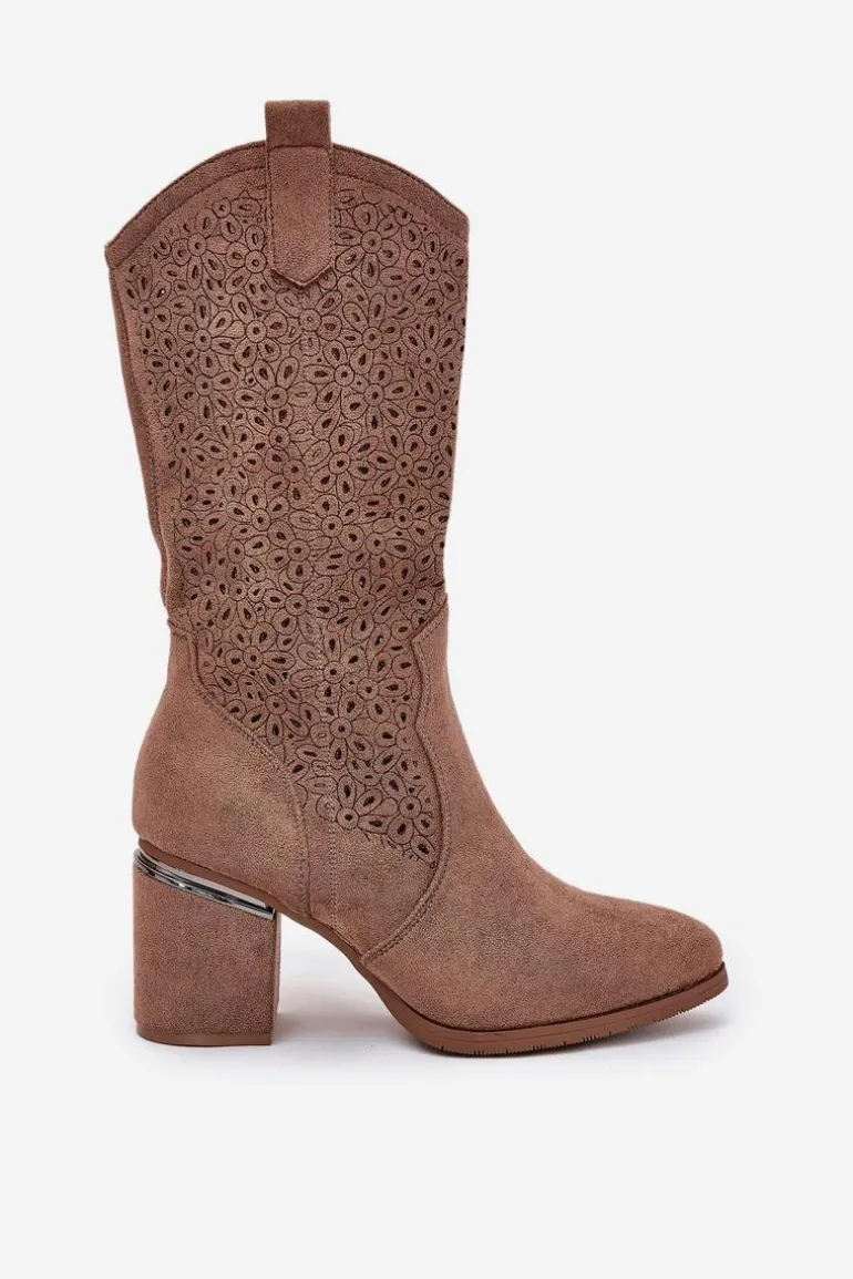 Ażurowe Kozaki Kowbojki Do Połowy Łydki S.Barski HY51-238 Brązowe