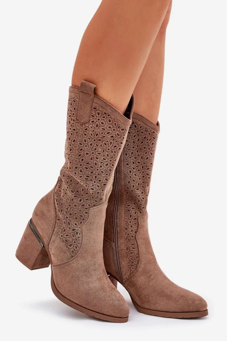 Ażurowe Kozaki Kowbojki Do Połowy Łydki S.Barski HY51-238 Brązowe