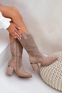 Ażurowe Kozaki Kowbojki Do Połowy Łydki S.Barski HY51-238 Beżowe