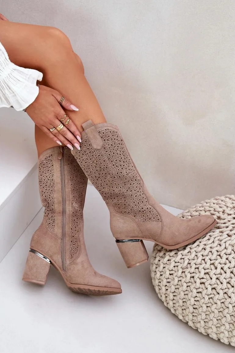 Ażurowe Kozaki Kowbojki Do Połowy Łydki S.Barski HY51-238 Beżowe