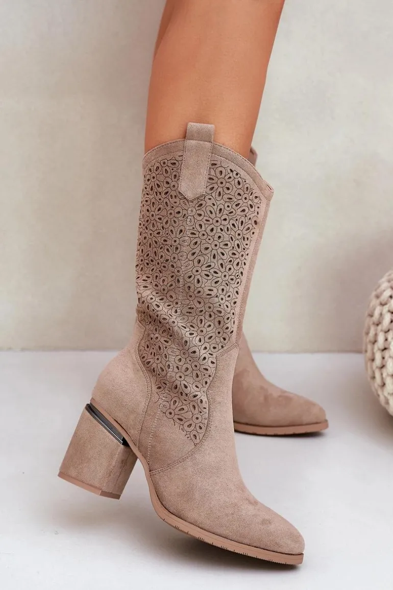 Ażurowe Kozaki Kowbojki Do Połowy Łydki S.Barski HY51-238 Beżowe