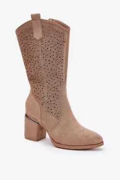 Ażurowe Kozaki Kowbojki Do Połowy Łydki S.Barski HY51-238 Beżowe