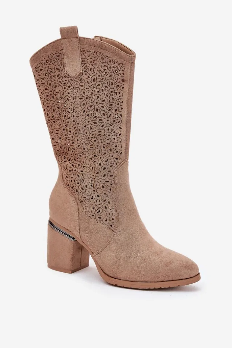 Ażurowe Kozaki Kowbojki Do Połowy Łydki S.Barski HY51-238 Beżowe