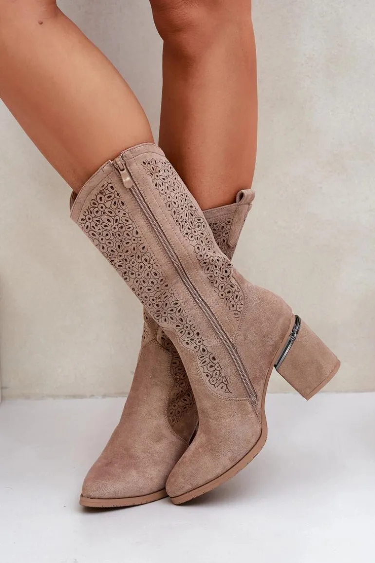 Ażurowe Kozaki Kowbojki Do Połowy Łydki S.Barski HY51-238 Beżowe