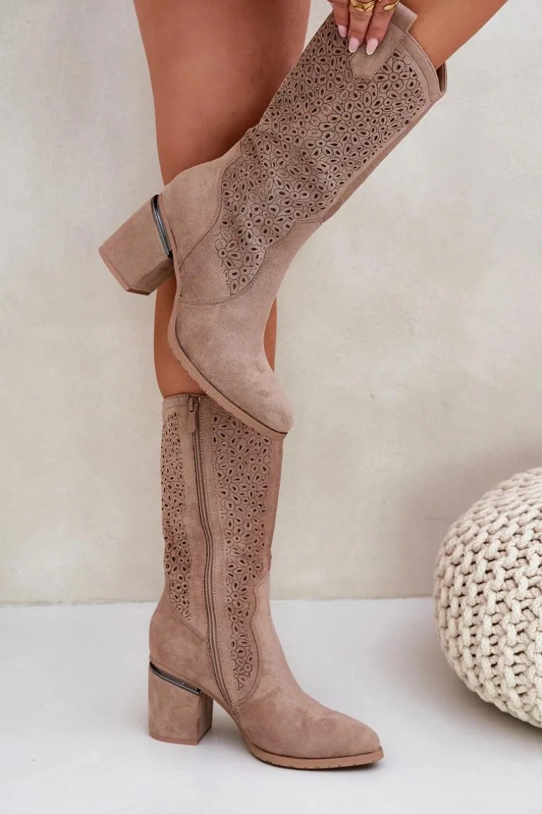 Ażurowe Kozaki Kowbojki Do Połowy Łydki S.Barski HY51-238 Beżowe
