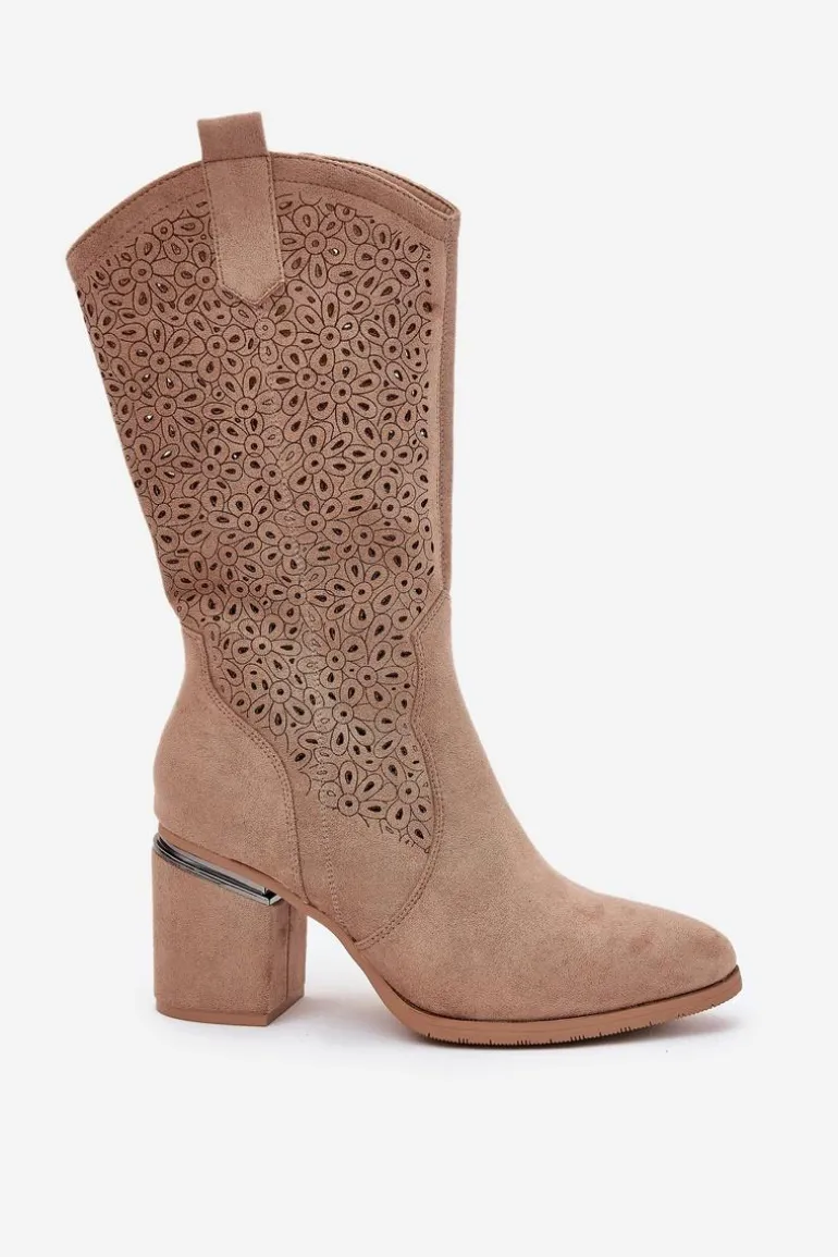 Ażurowe Kozaki Kowbojki Do Połowy Łydki S.Barski HY51-238 Beżowe