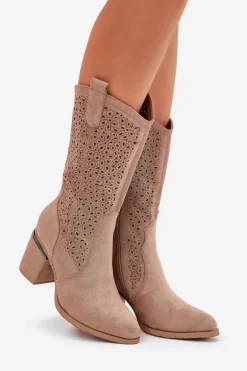 Ażurowe Kozaki Kowbojki Do Połowy Łydki S.Barski HY51-238 Beżowe