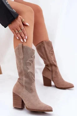 Ażurowe Kozaki Kowbojki Na Słupku S.Barski HY51-606 Beżowe