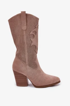 Ażurowe Kozaki Kowbojki Na Słupku S.Barski HY51-606 Beżowe