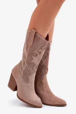 Ażurowe Kozaki Kowbojki Na Słupku S.Barski HY51-606 Beżowe