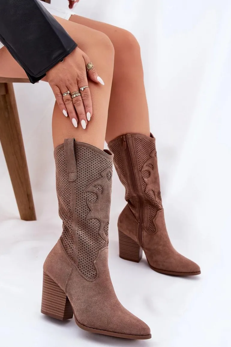 Ażurowe Kozaki Kowbojki Na Słupku S.Barski HY51-606 Brązowe