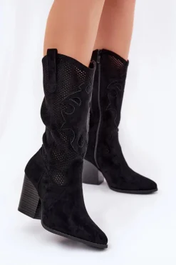 Ażurowe Kozaki Kowbojki Na Słupku S.Barski HY51-606 Czarne