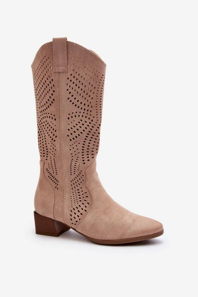 Ażurowe Kozaki Na Niskim Obcasie Beżowe Walea