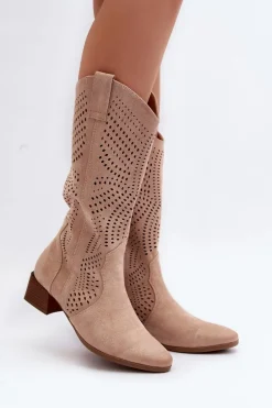 Ażurowe Kozaki Na Niskim Obcasie Beżowe Walea