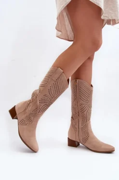 Ażurowe Kozaki Na Niskim Obcasie Beżowe Walea