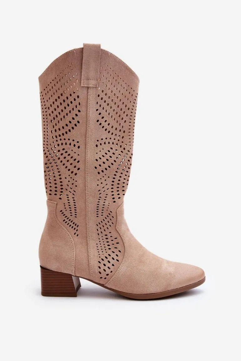 Ażurowe Kozaki Na Niskim Obcasie Beżowe Walea