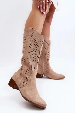 Ażurowe Kozaki Na Niskim Obcasie Beżowe Walea