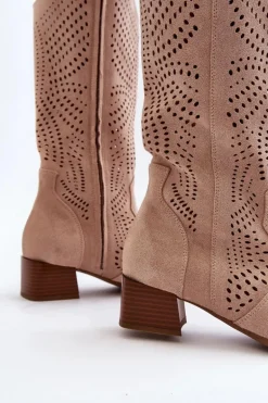 Ażurowe Kozaki Na Niskim Obcasie Beżowe Walea