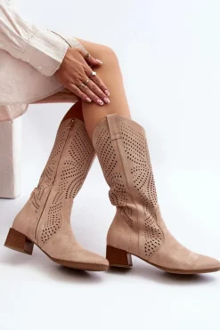 Ażurowe Kozaki Na Niskim Obcasie Beżowe Walea