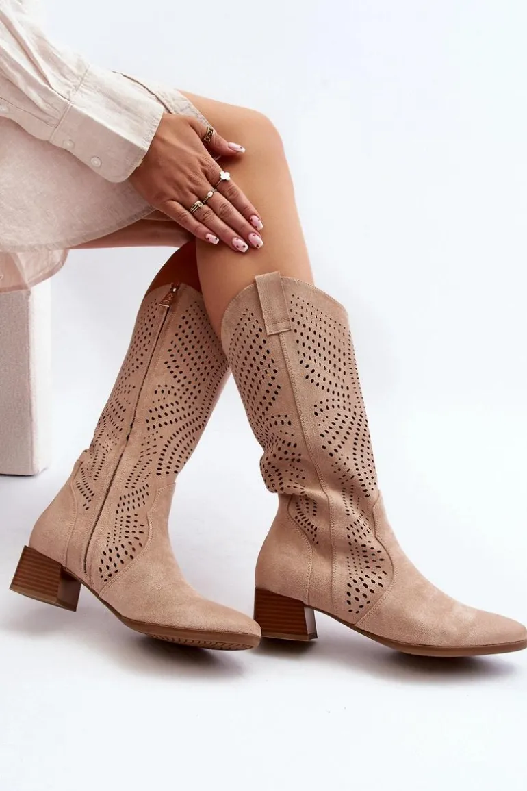 Ażurowe Kozaki Na Niskim Obcasie Beżowe Walea